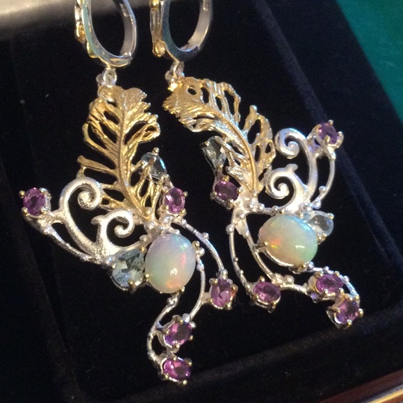 Exquisite One Of A Kind, Genuine Fiery Opal, Aquamarines & Amethysts Earrings - Picture 4 of 11